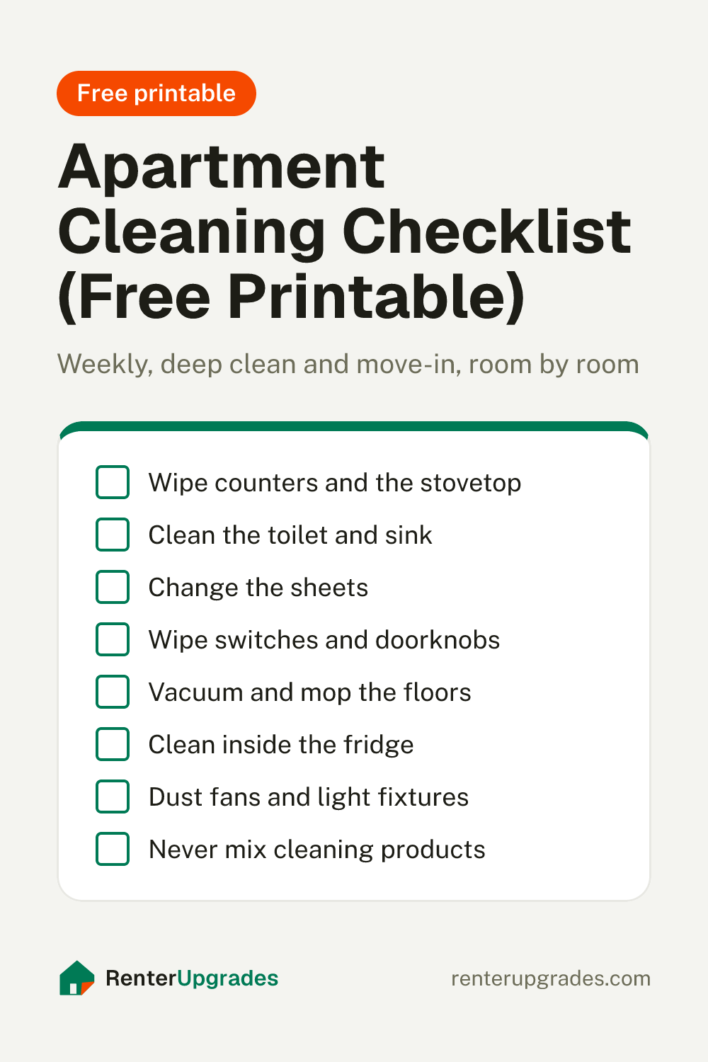 Pin: Apartment cleaning checklist, with a list of tasks room by room. Free printable from Renter Upgrades