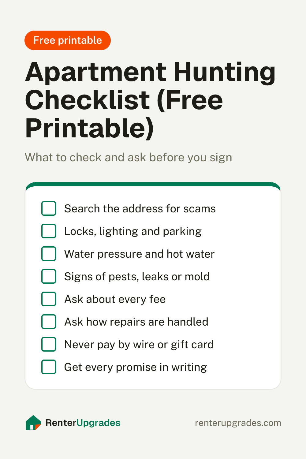 Pin: Apartment hunting checklist, with a list of what to check on a tour. Free printable from Renter Upgrades