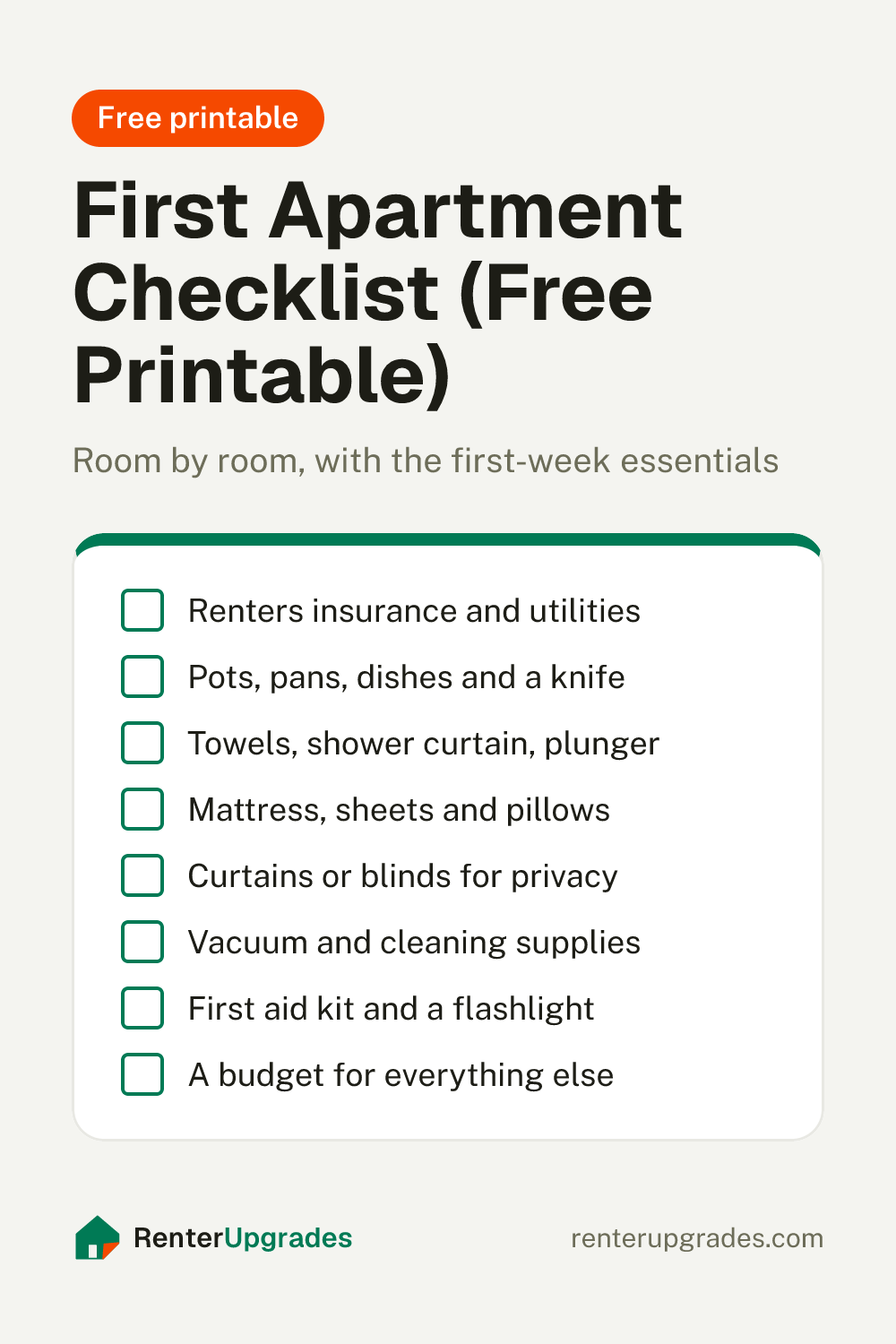 Pin: First apartment checklist, with a list of essentials room by room. Free printable from Renter Upgrades