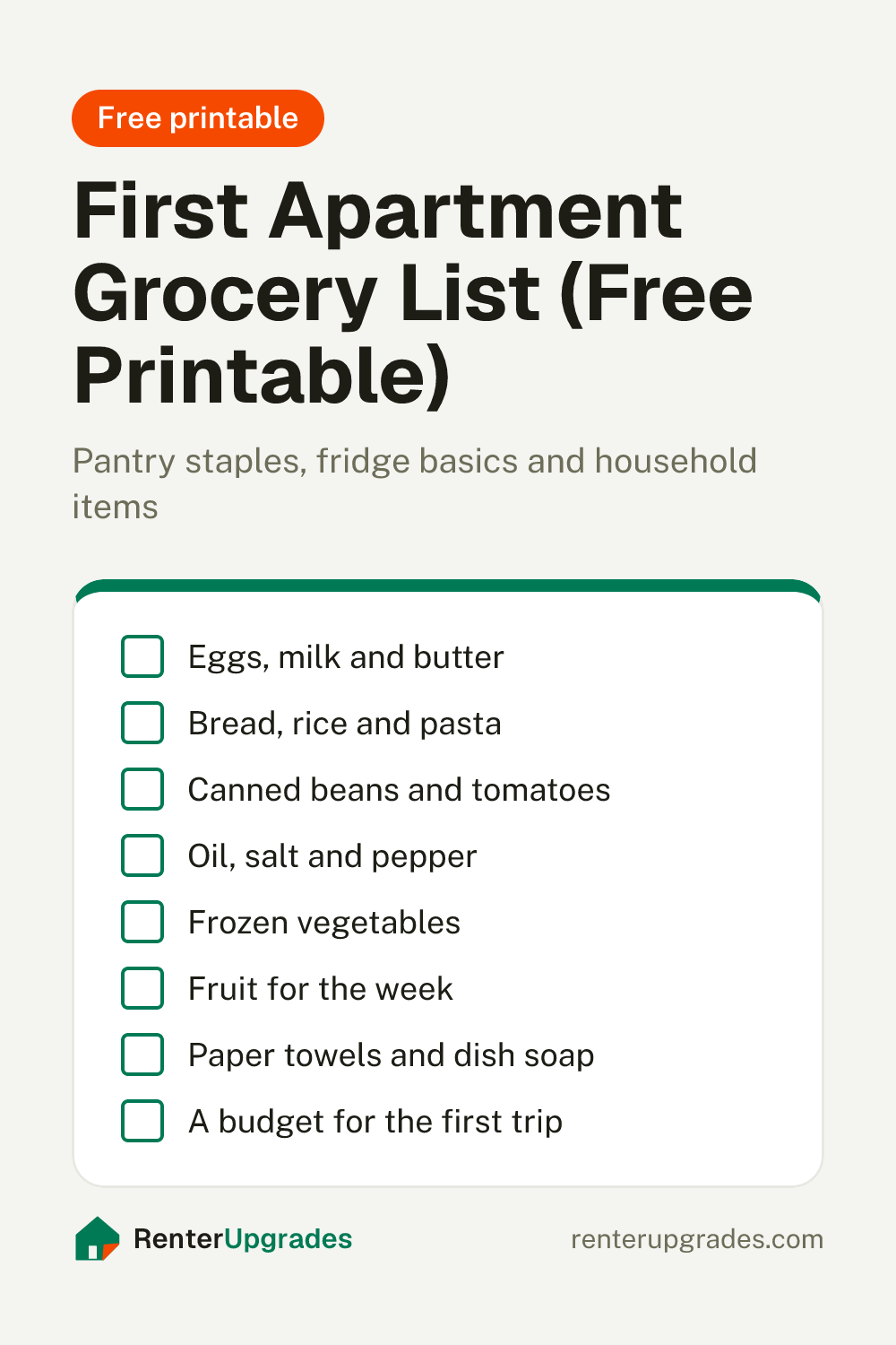 Pin: First apartment grocery list, with pantry staples and fridge basics. Free printable from Renter Upgrades