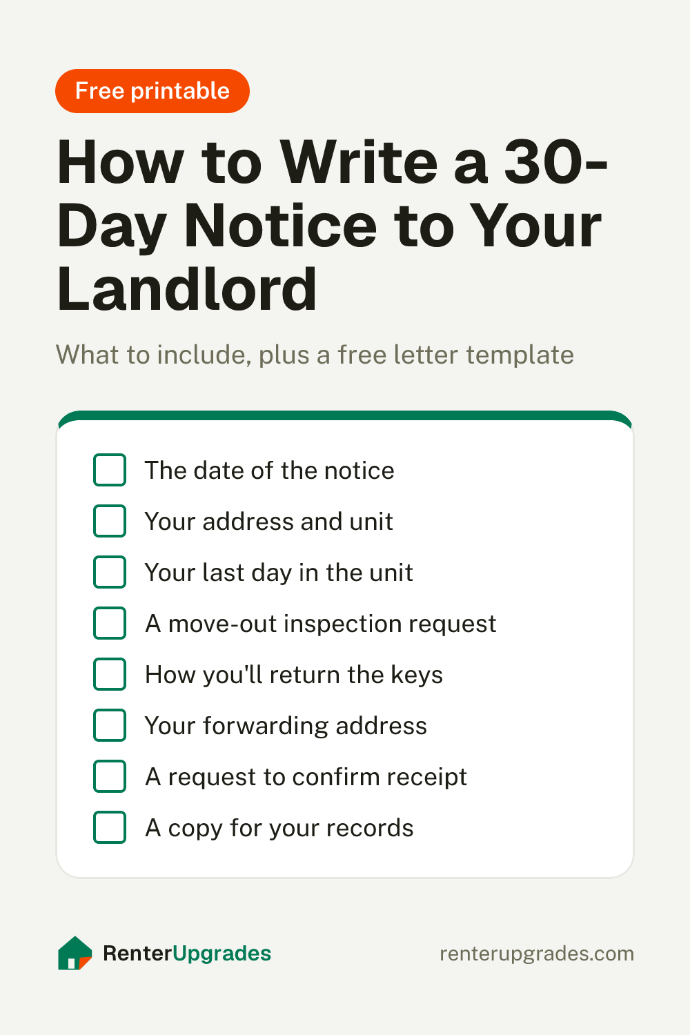 Pin: How to write a 30-day notice to your landlord, with a checklist of what to include. Free template from Renter Upgrades