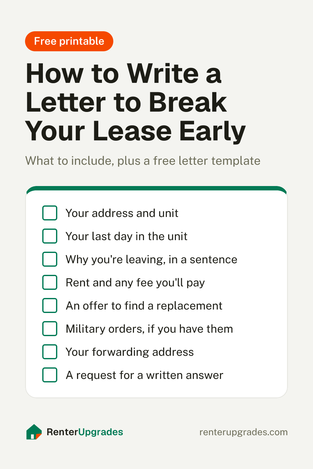 Pin: How to write a letter to break your lease early, with a checklist of what to include. Free template from Renter Upgrades