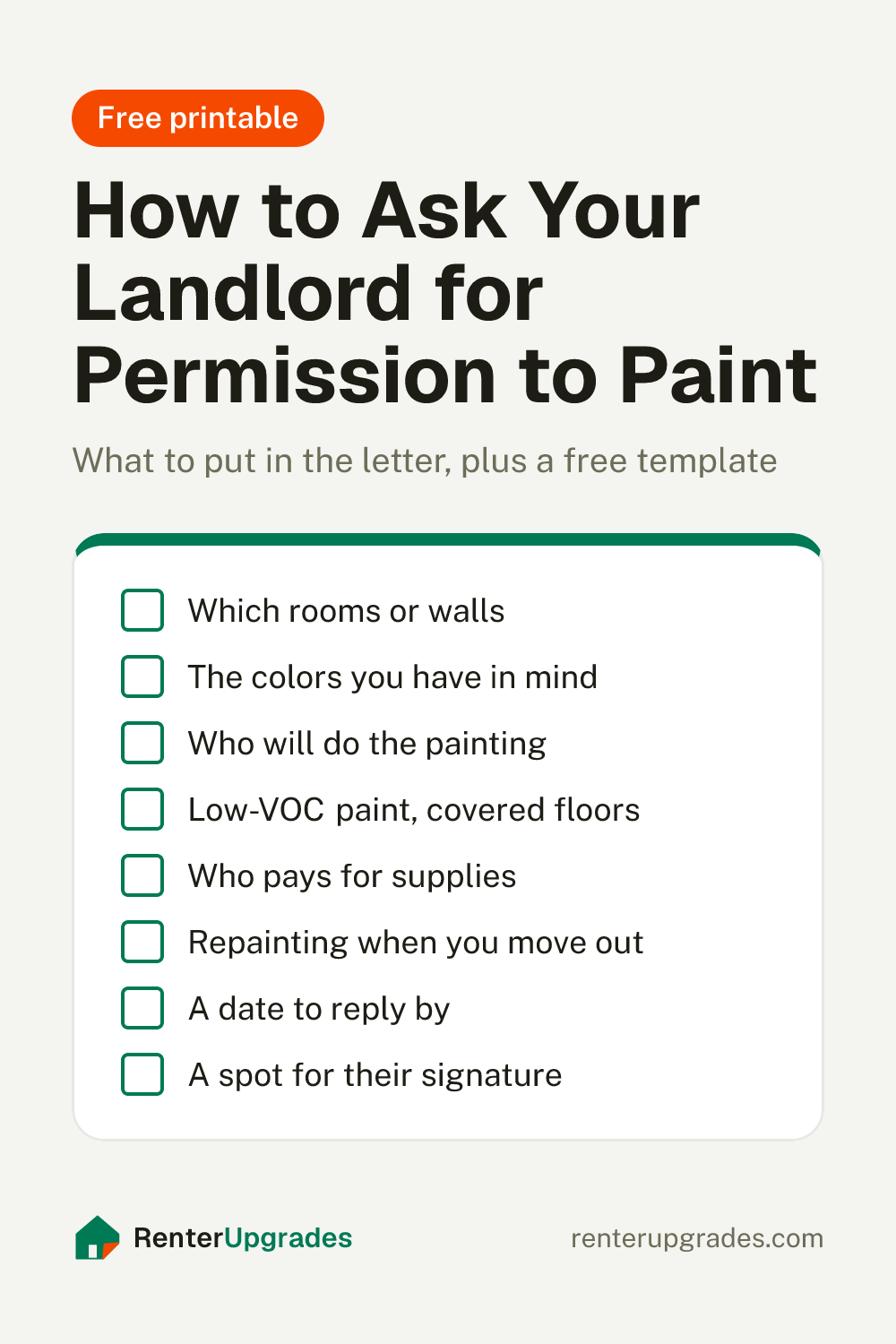 Pin: How to ask your landlord to paint, with a checklist of what to put in the letter. Free template from Renter Upgrades