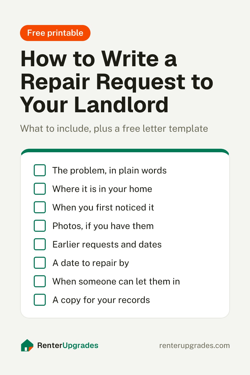 Pin: How to write a repair request to your landlord, with a checklist of what to include. Free template from Renter Upgrades