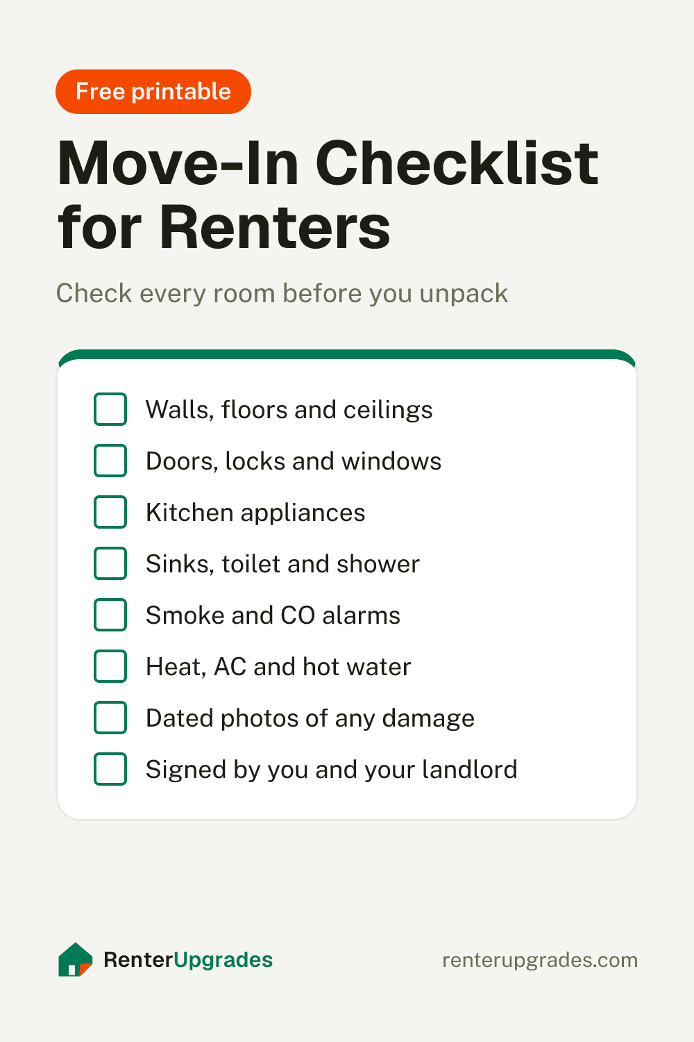 Pin: Move-in checklist for renters, with a list of what to check in every room. Free printable from Renter Upgrades
