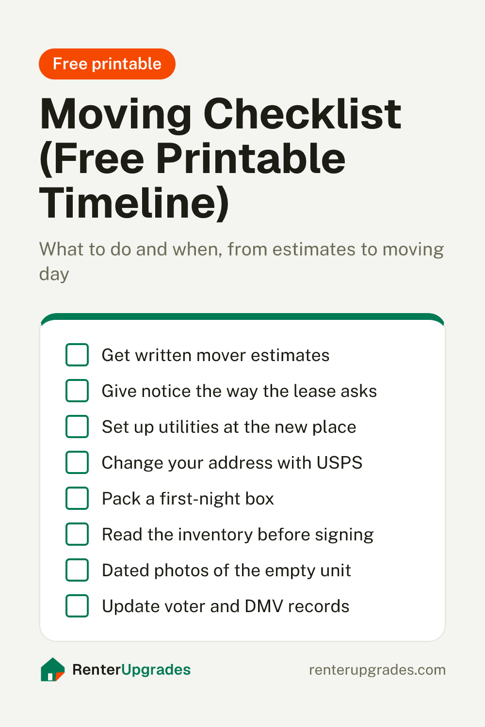 Pin: Moving checklist, with a list of what to do before moving day. Free printable from Renter Upgrades